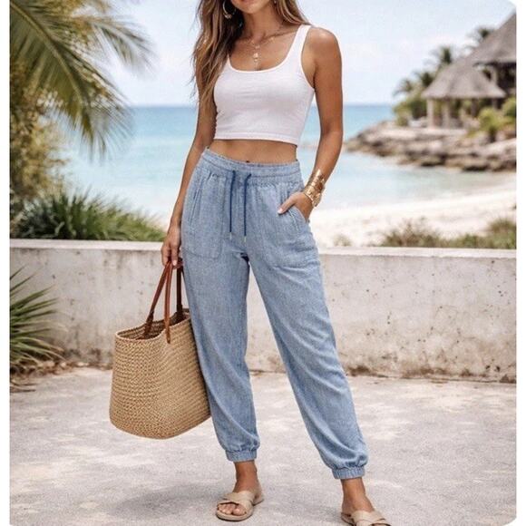 Athleta Pants - Athleta Sz 14 Linen Chambray Elas Wst Drawstring Wide Leg Jogger Pkts Athleisure